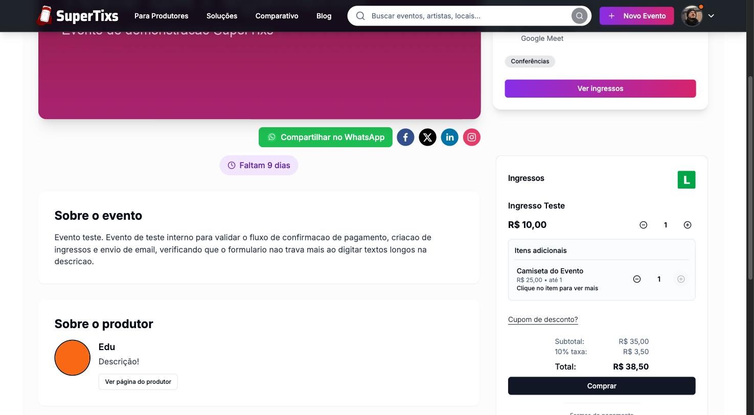 Carrinho com ingresso e item adicional selecionados