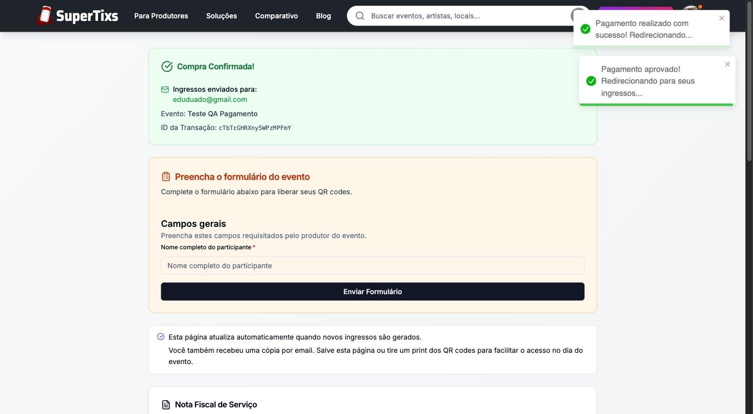 Tela de compra confirmada com o formulario que libera os ingressos
