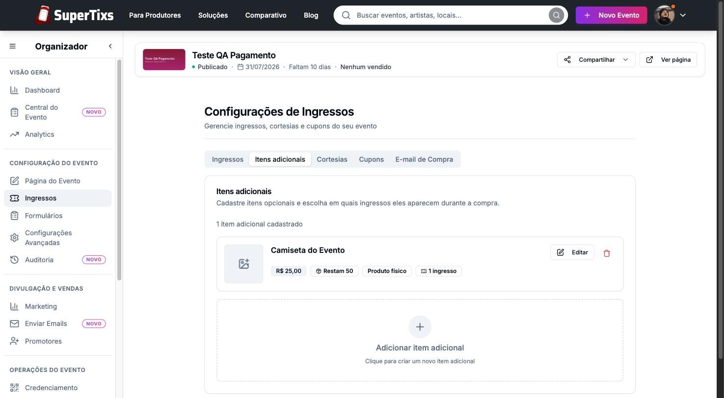 Lista de itens adicionais do evento