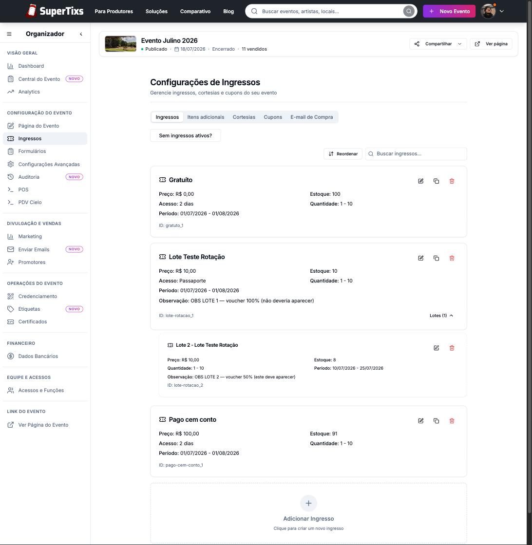 Configurações de Ingressos com tipos, lotes e estoque