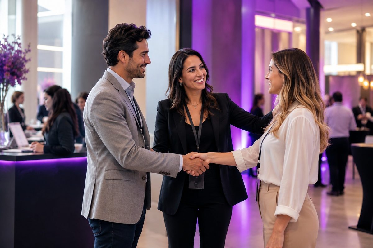 Profissionais se cumprimentando no credenciamento de um evento