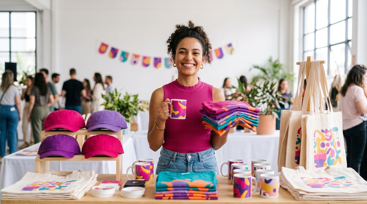 Mesa de produtos oficiais montada em um evento