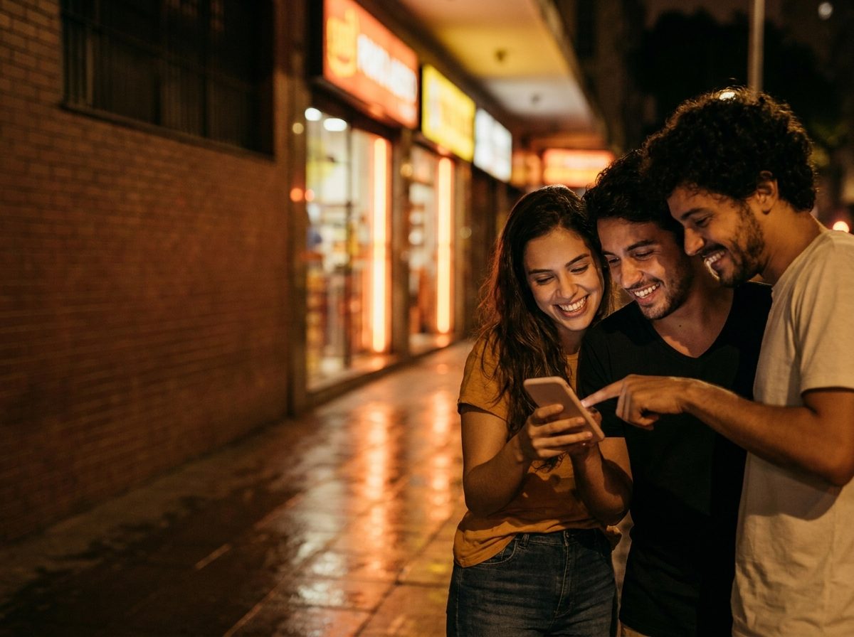 Três amigos olhando juntos a tela de um celular numa rua à noite