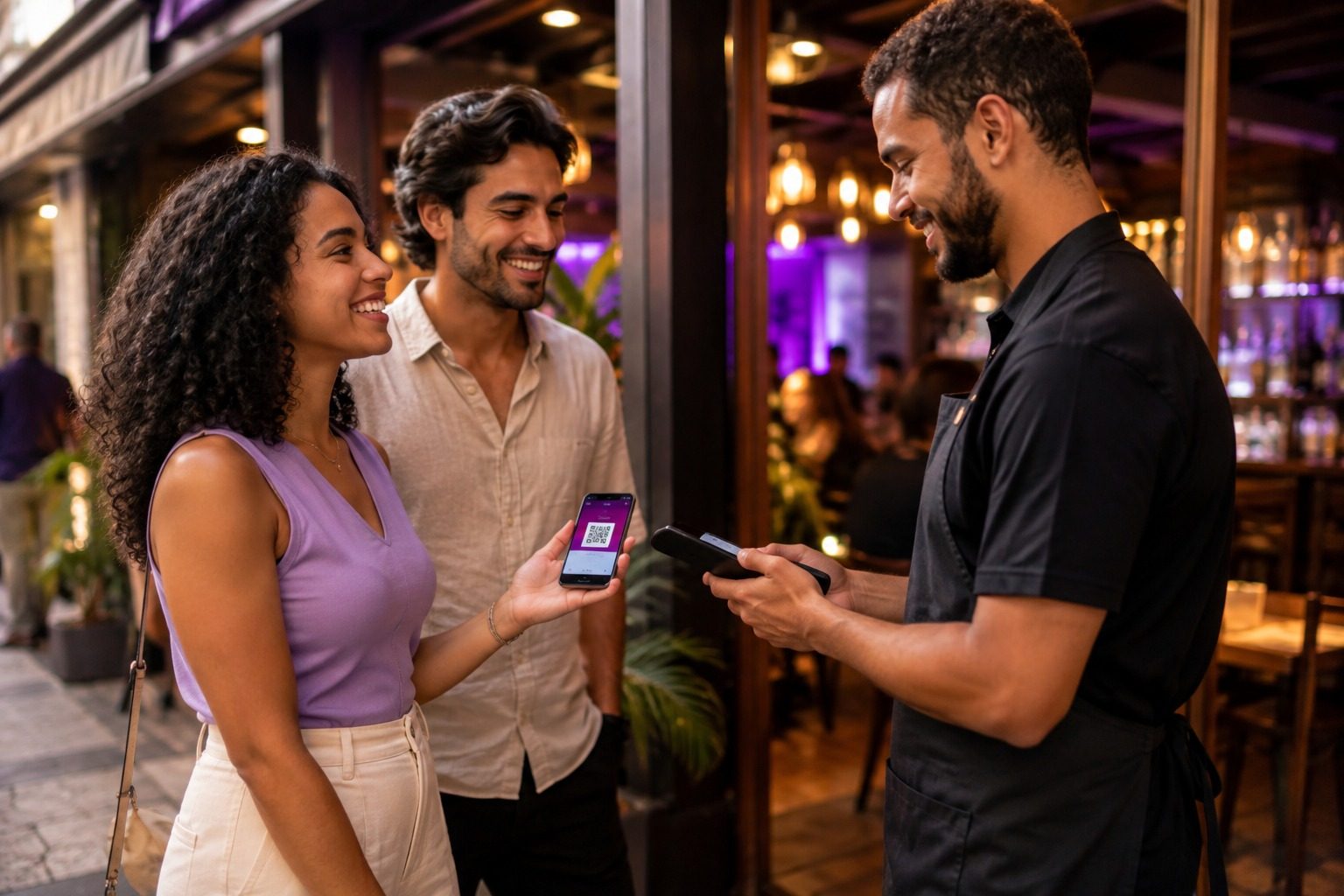 Amigas mostrando a carteirinha digital no celular na entrada de um bar