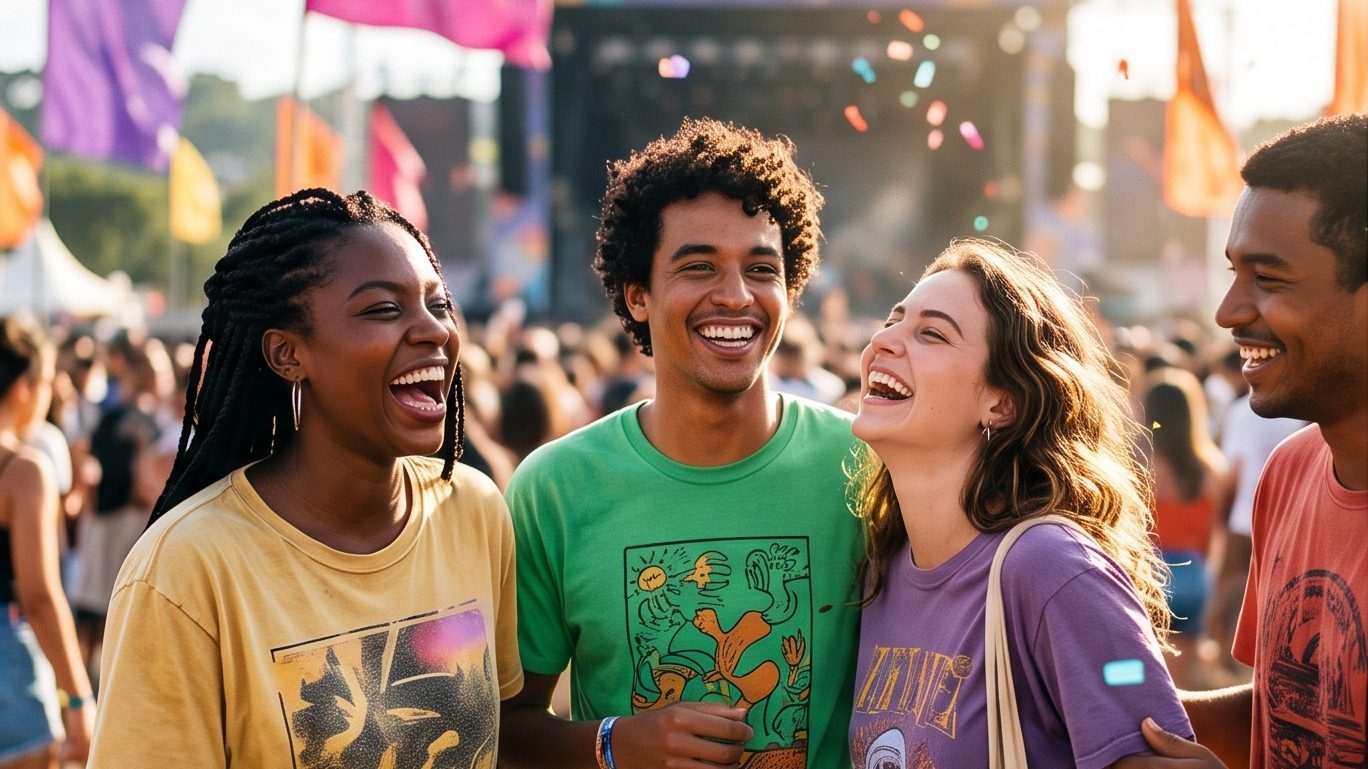 Grupo de amigos rindo em um festival, vestindo camisetas coloridas de merch