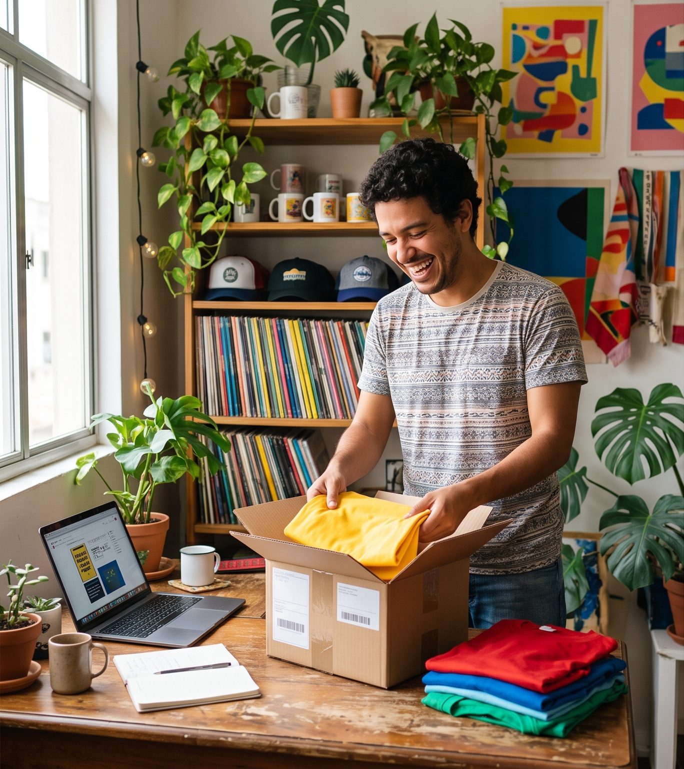Produtor embalando camisetas coloridas em uma caixa de envio no estúdio