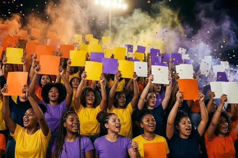 Torcida feminina com cartões coloridos e fumaça na arquibancada