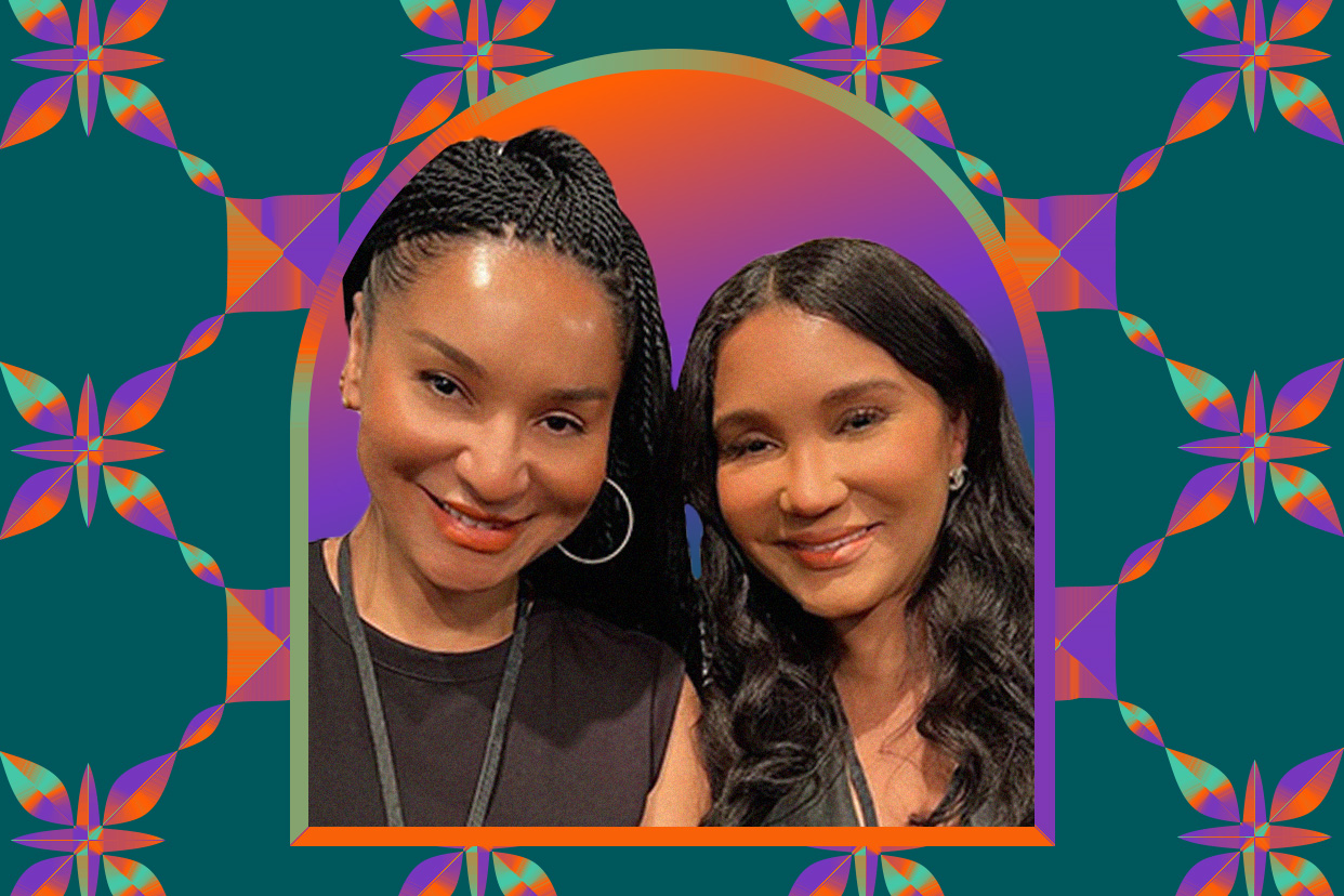 natasha & ego iwegbu in turquoise cross pattern with window