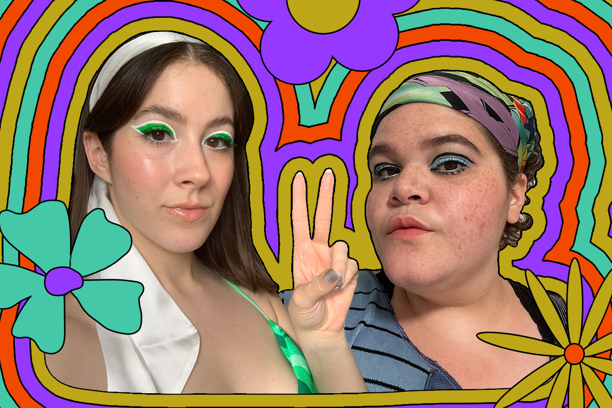two women in 60s themed makeup and headscarves with trippy background