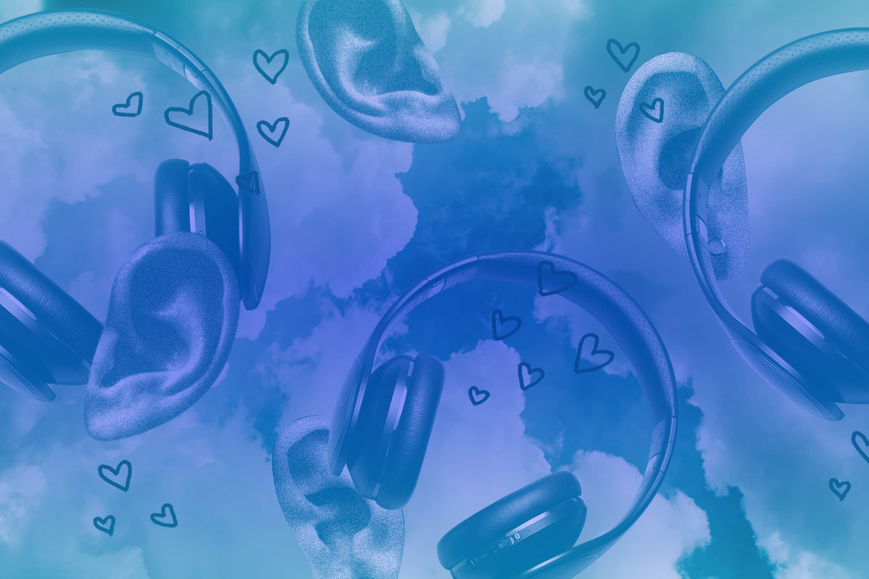 Ears and headphones in a blue cloudy sky