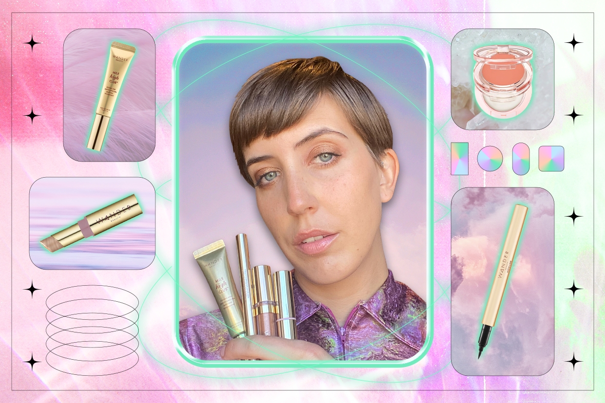 Wander Beauty makeup products on a rainbow background