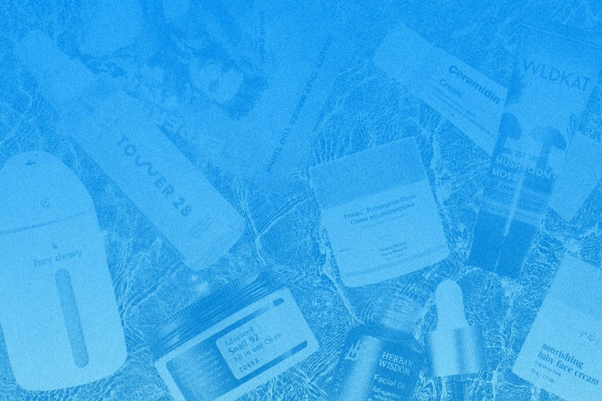 Moisturizing beauty products on a watery blue background