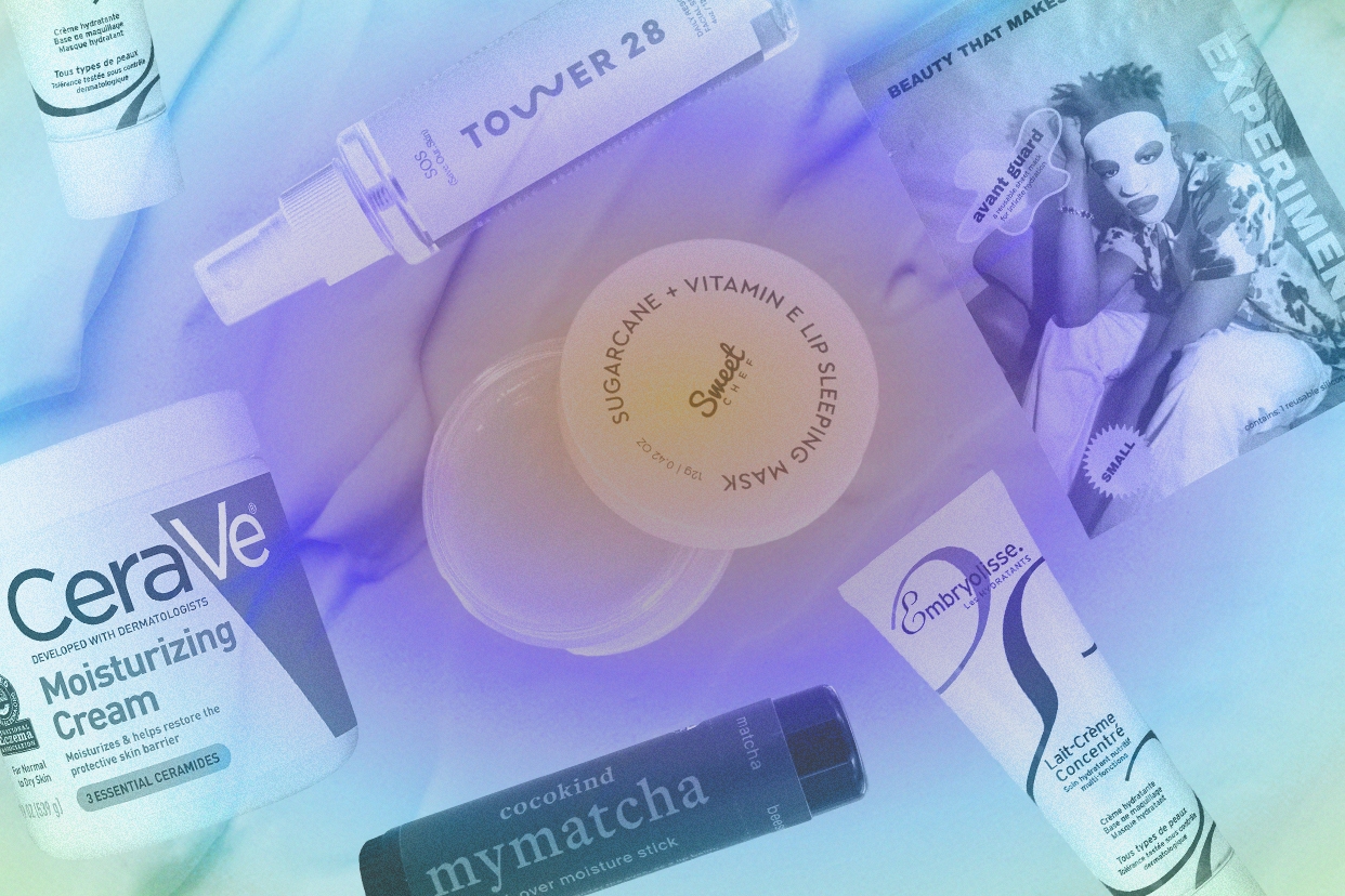 Moisturizing skincare products on a blue ombre background