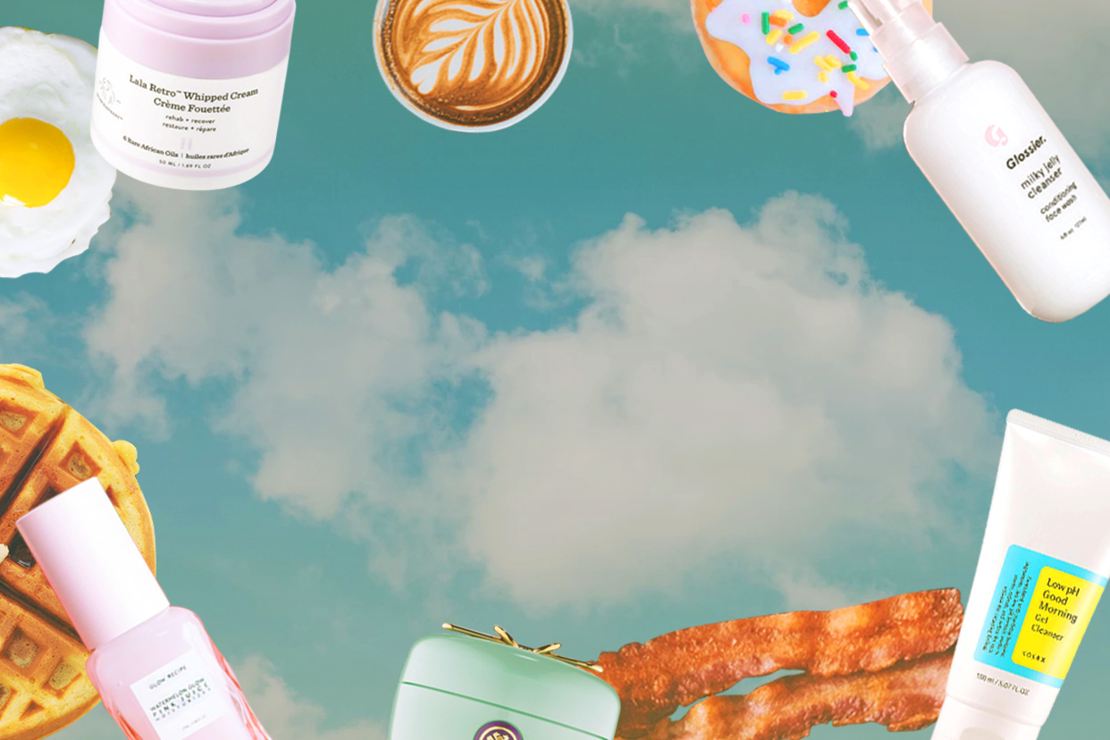 Breakfast foods including eggs, bacon, waffles, and coffee flying through the air alongside skincare products including cleanser and moisturizer.