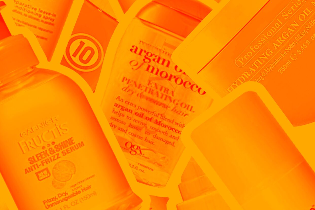 Hair oils and leave in conditioners on an orange background