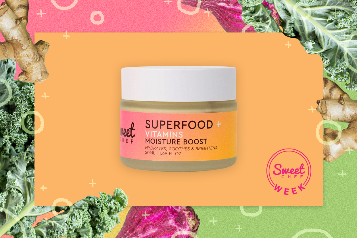 Sweet chef superfood moisturizer surrounded by superfoods