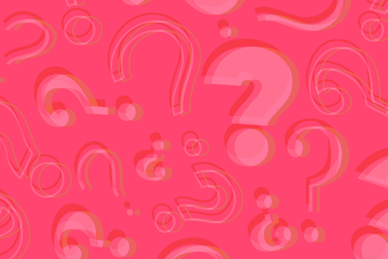 question marks on a pink and orange background