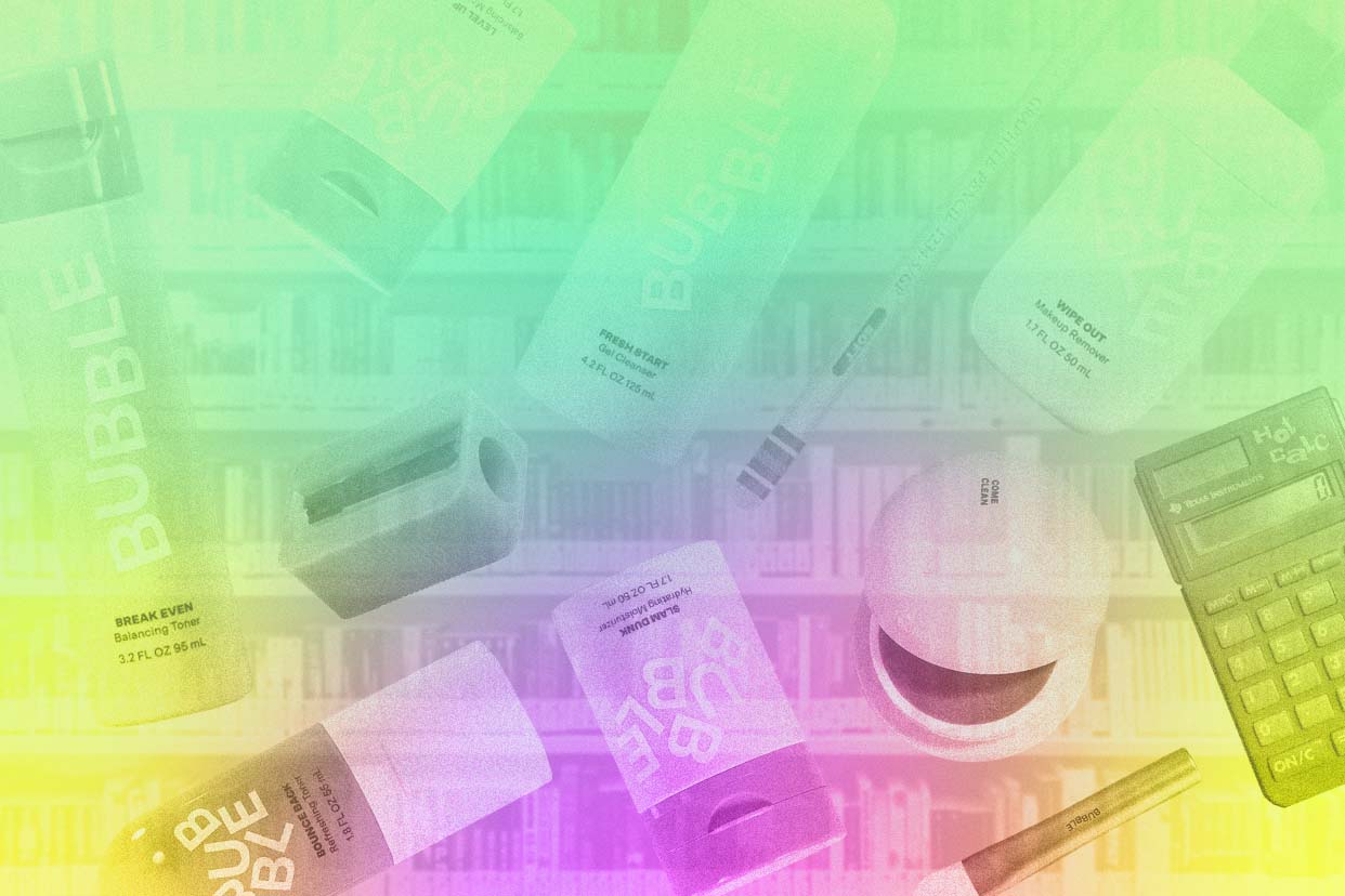 bubble skincare products on a gradient background