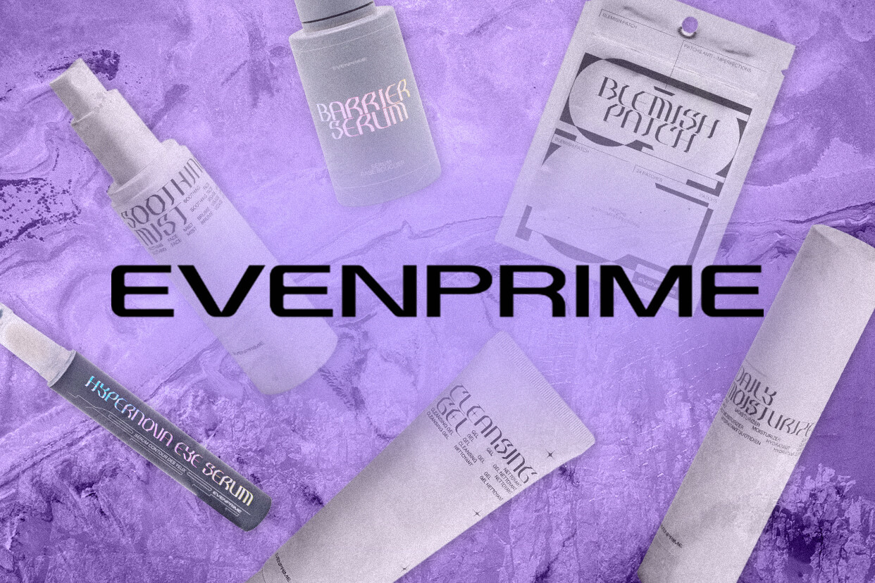 evenprime skincare products on a purple background
