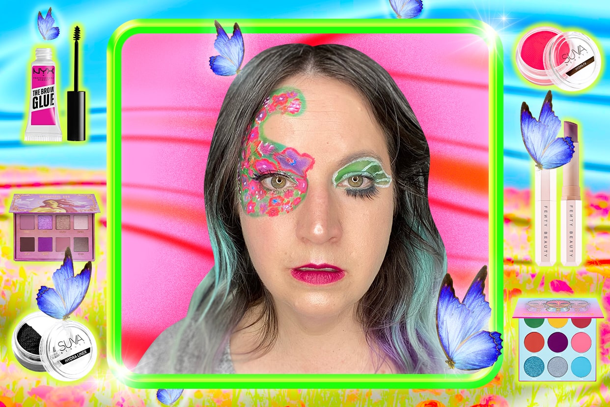 Supergreater in a full face of colorful makeup