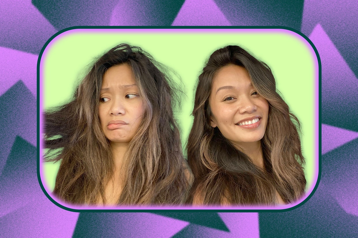 a woman before and after a bad hair day 
