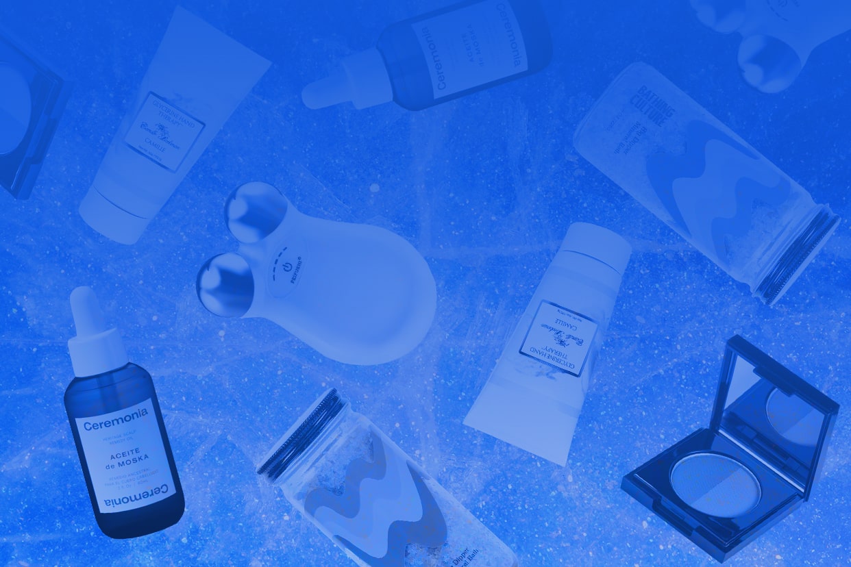 self care products on a blue background