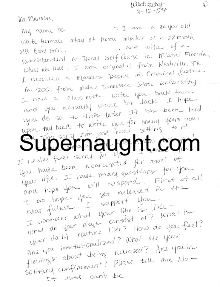 Three Page Letter to Charles Manson from Ashley
