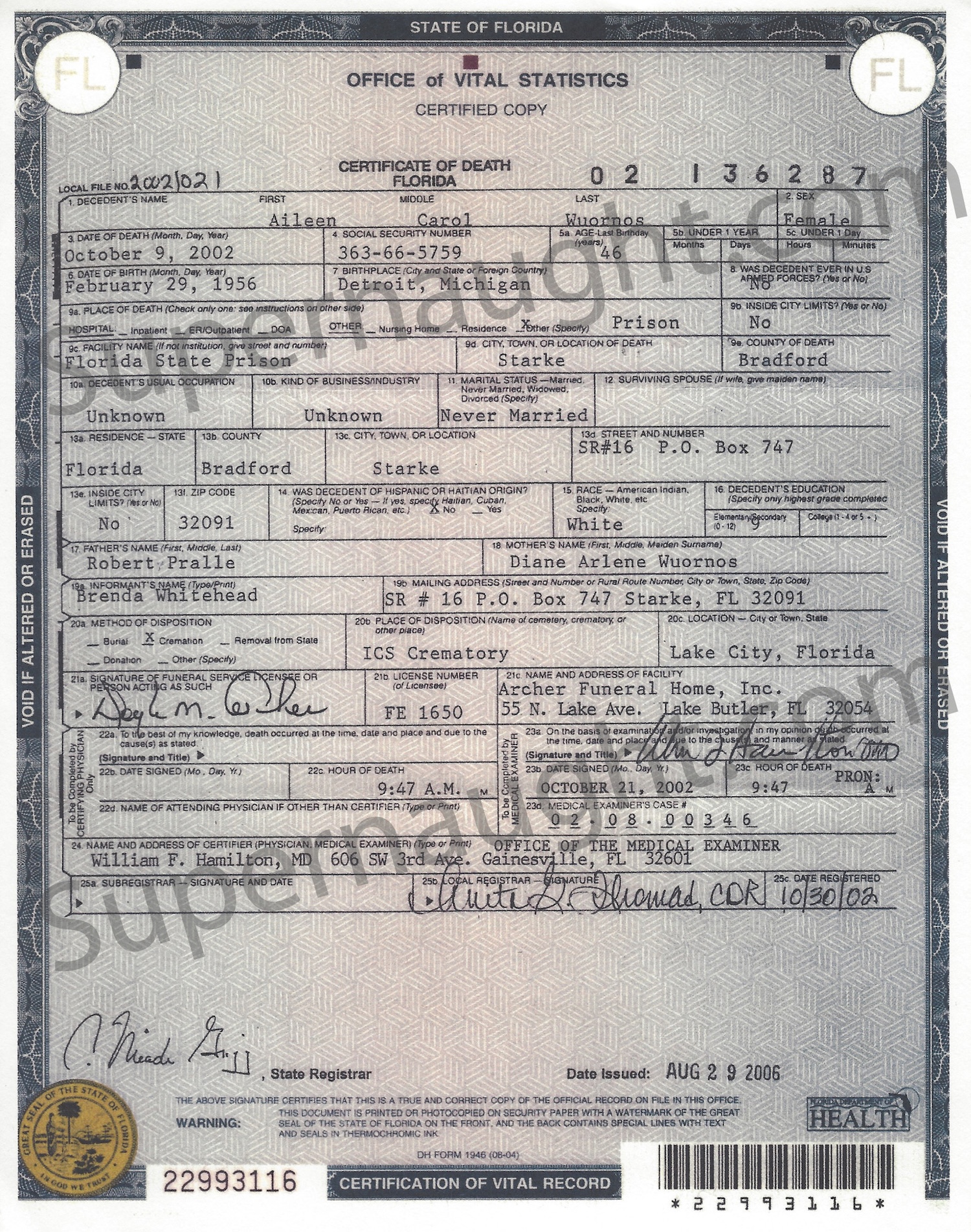 Aileen Wuornos Death Certificate 2002 Replica