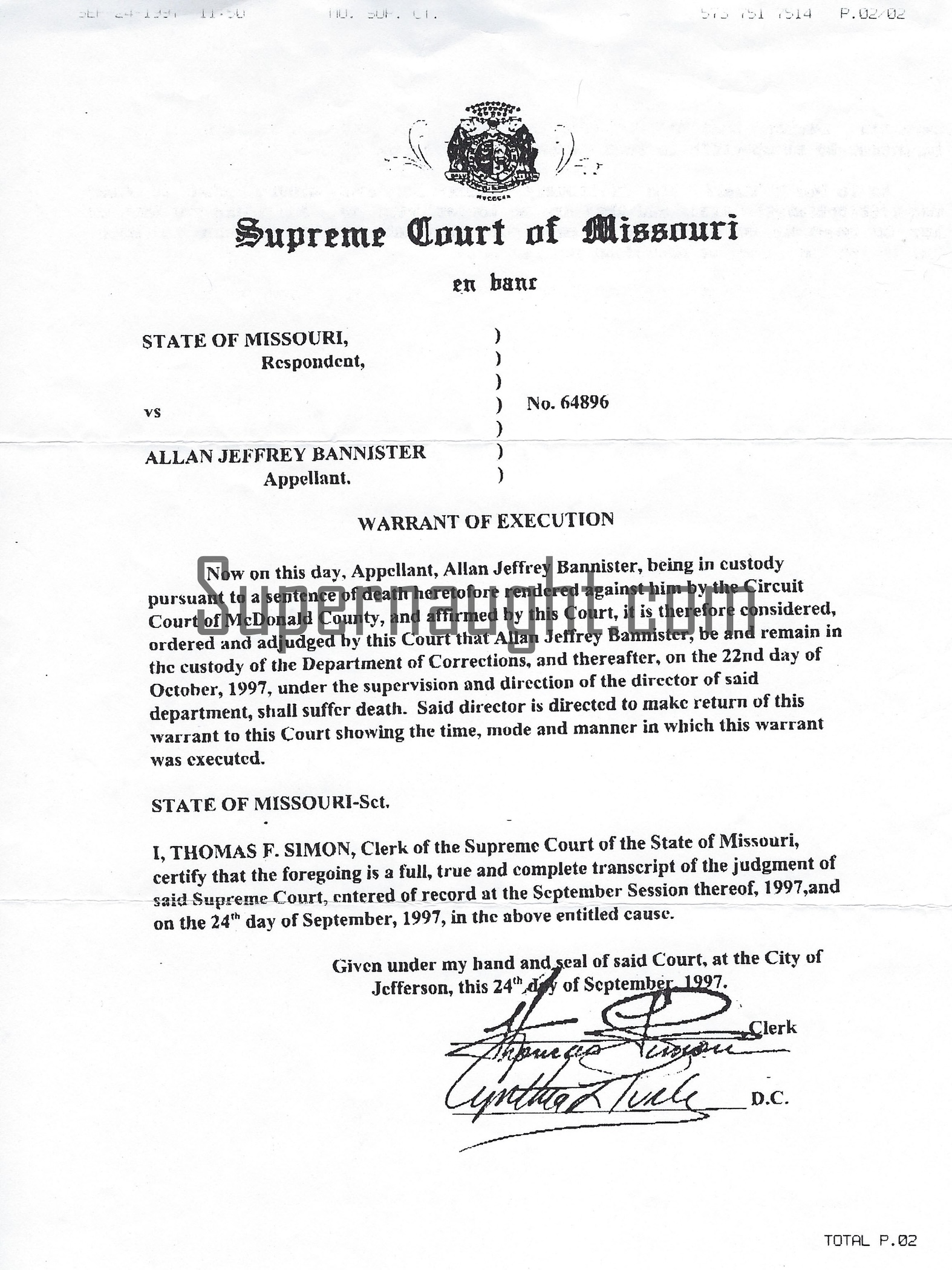 Alan Jeffrey Bannister Warrant of Execution Copy