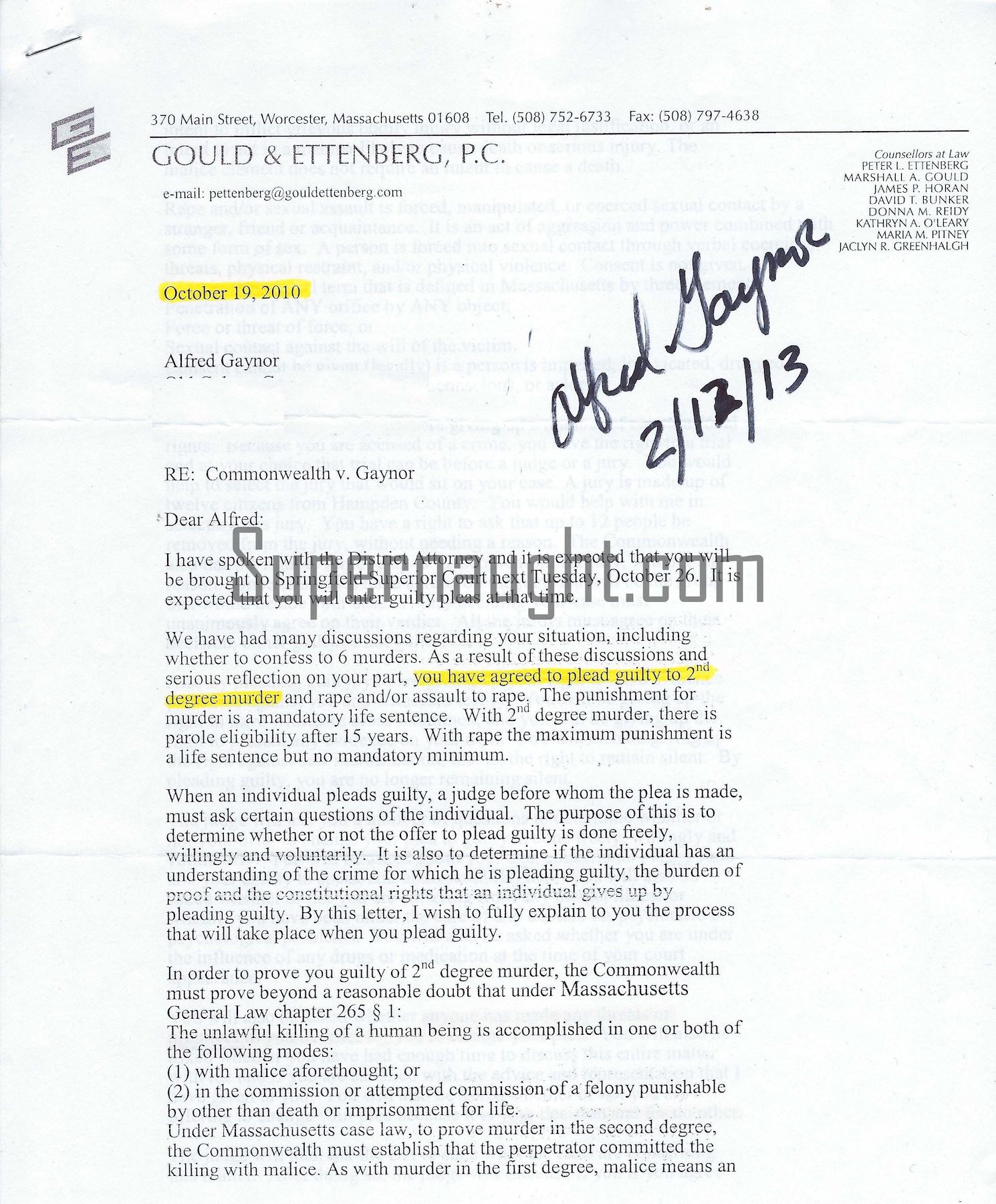 Alfred Gaynor Attorney Letter Signed By Gaynor