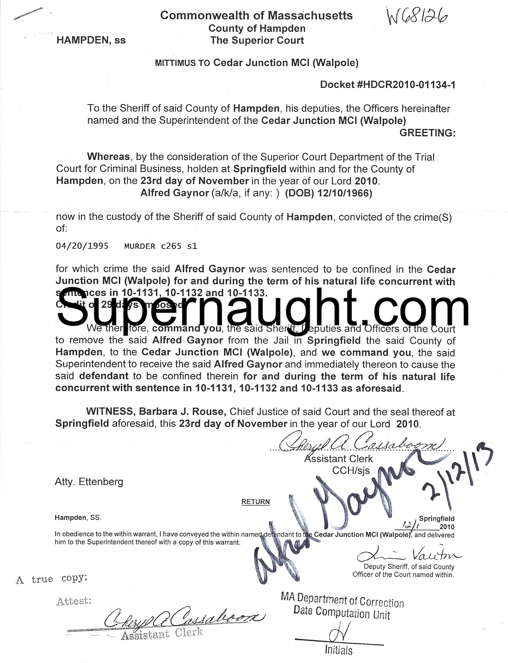 Alfred Gaynor Signed Inmate Sentencing