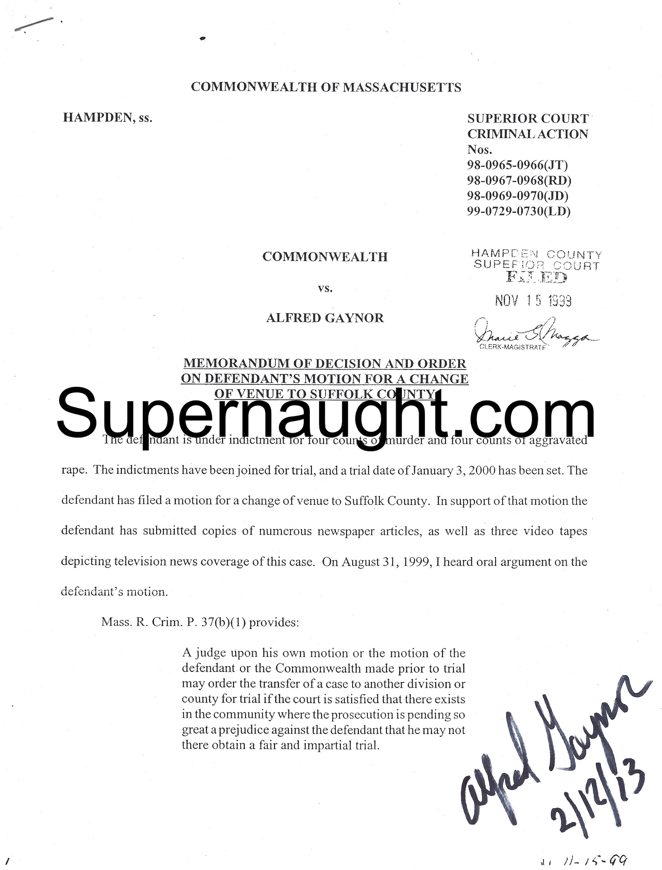 Alfred Gaynor Signed Motion For Change Of Venue