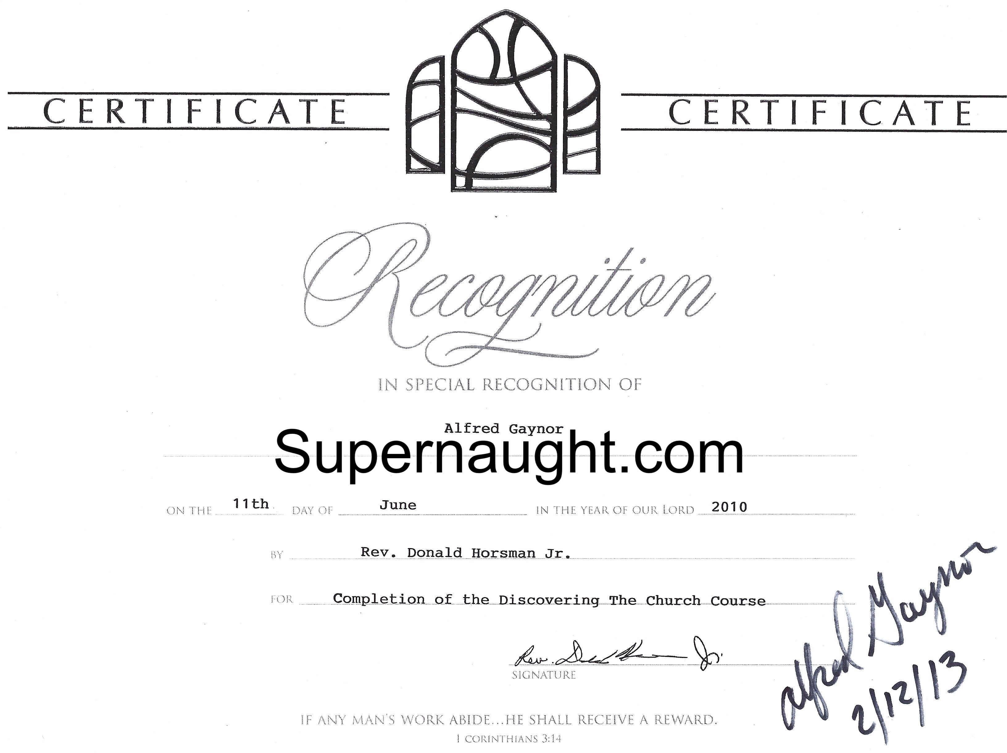 Alfred Gaynor Signed Recognition Church Course