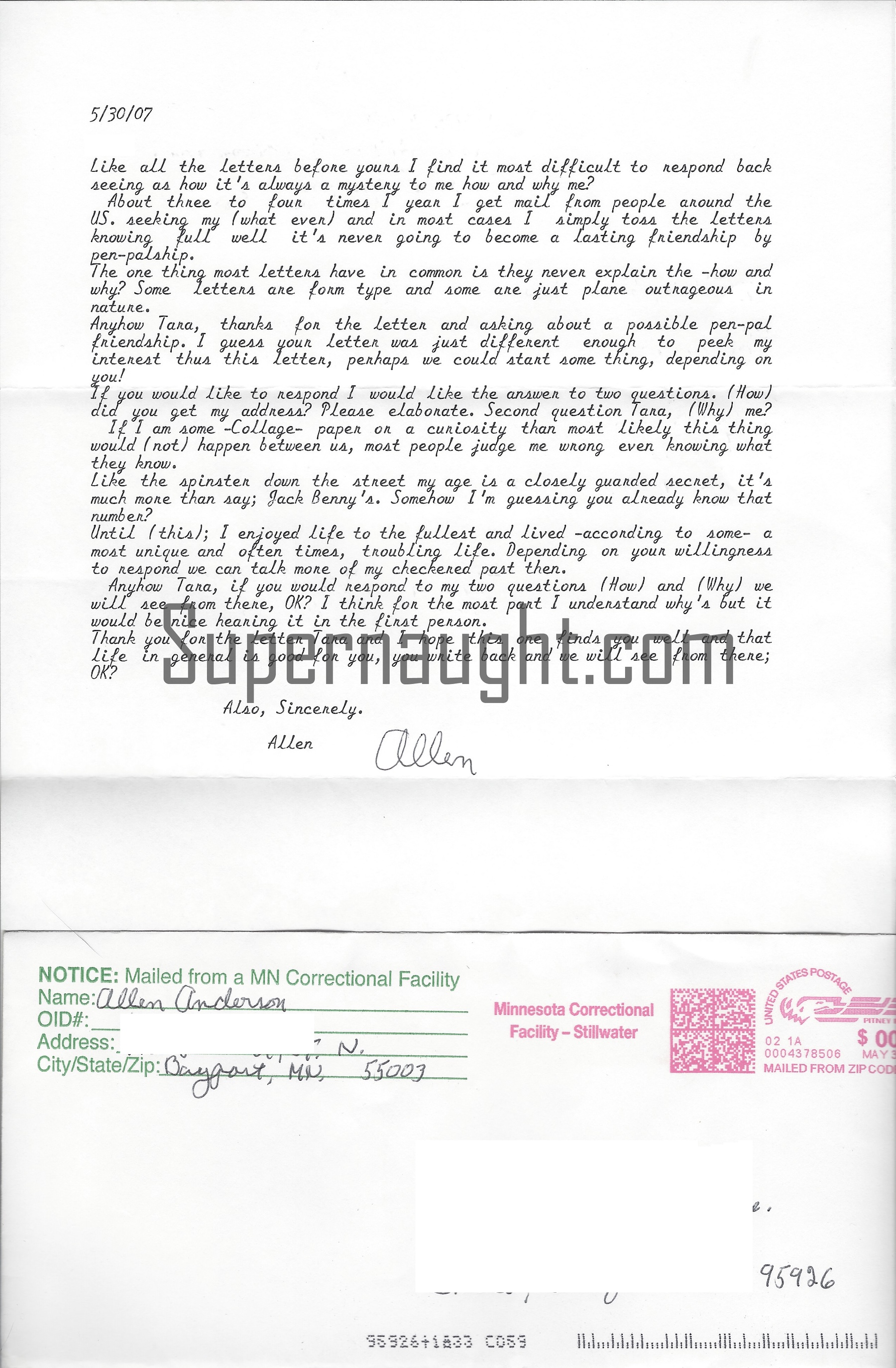 Allen Anderson Letter And Envelope Set Both Signed