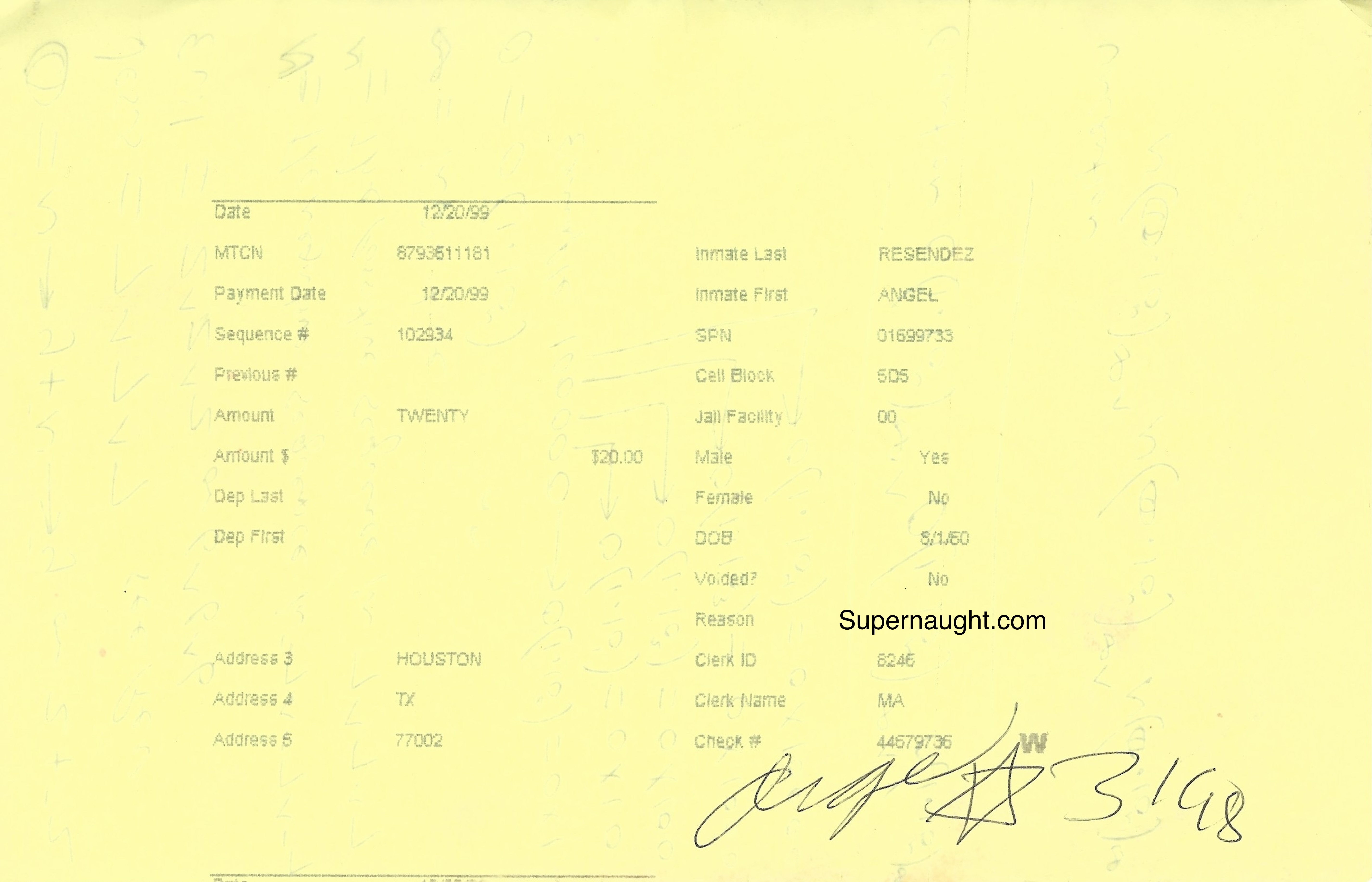 Angel Resendiz Inmate Deposit with Handwriting image 2