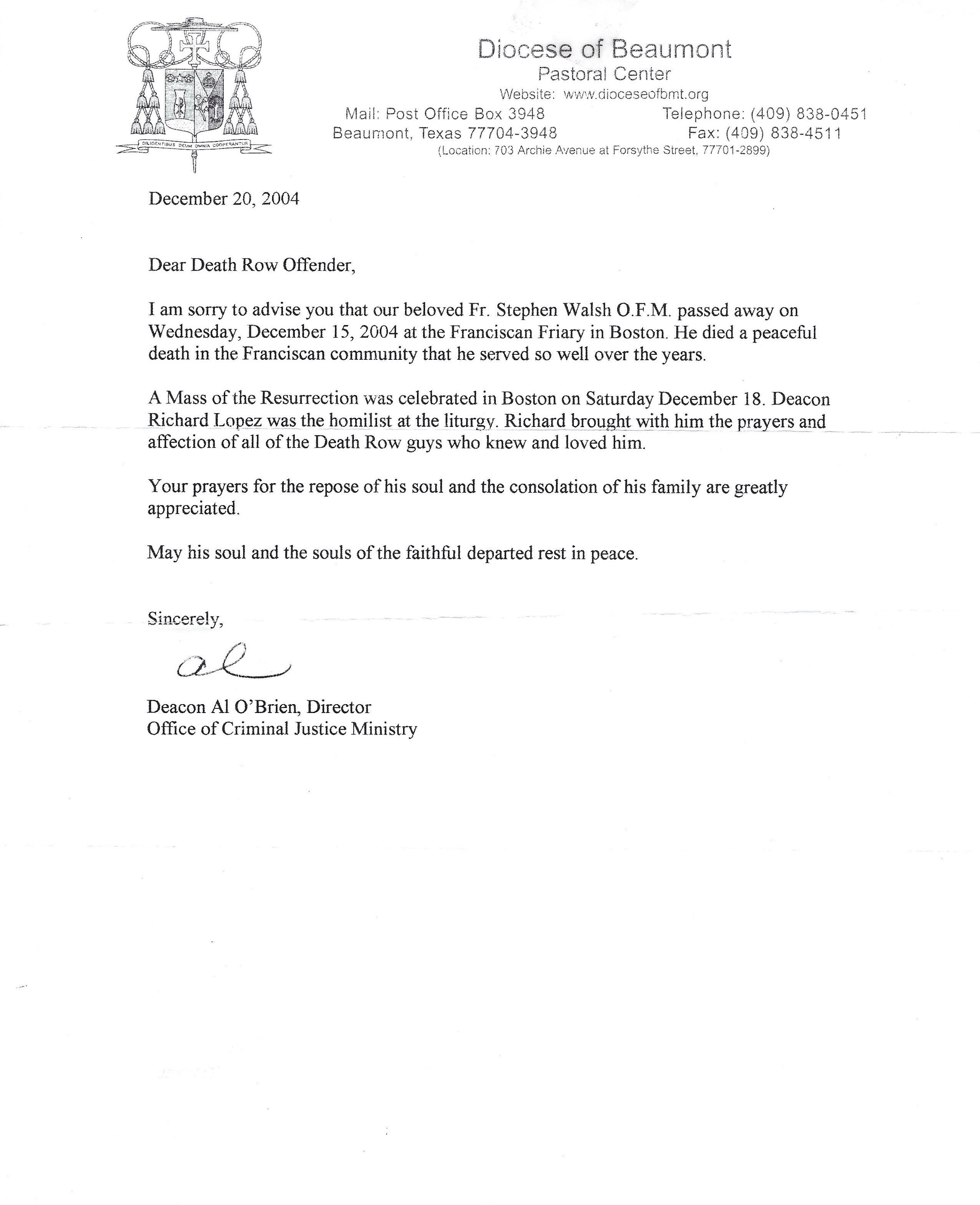 Angel Resendiz Letter Paperwork and Signed Envelope