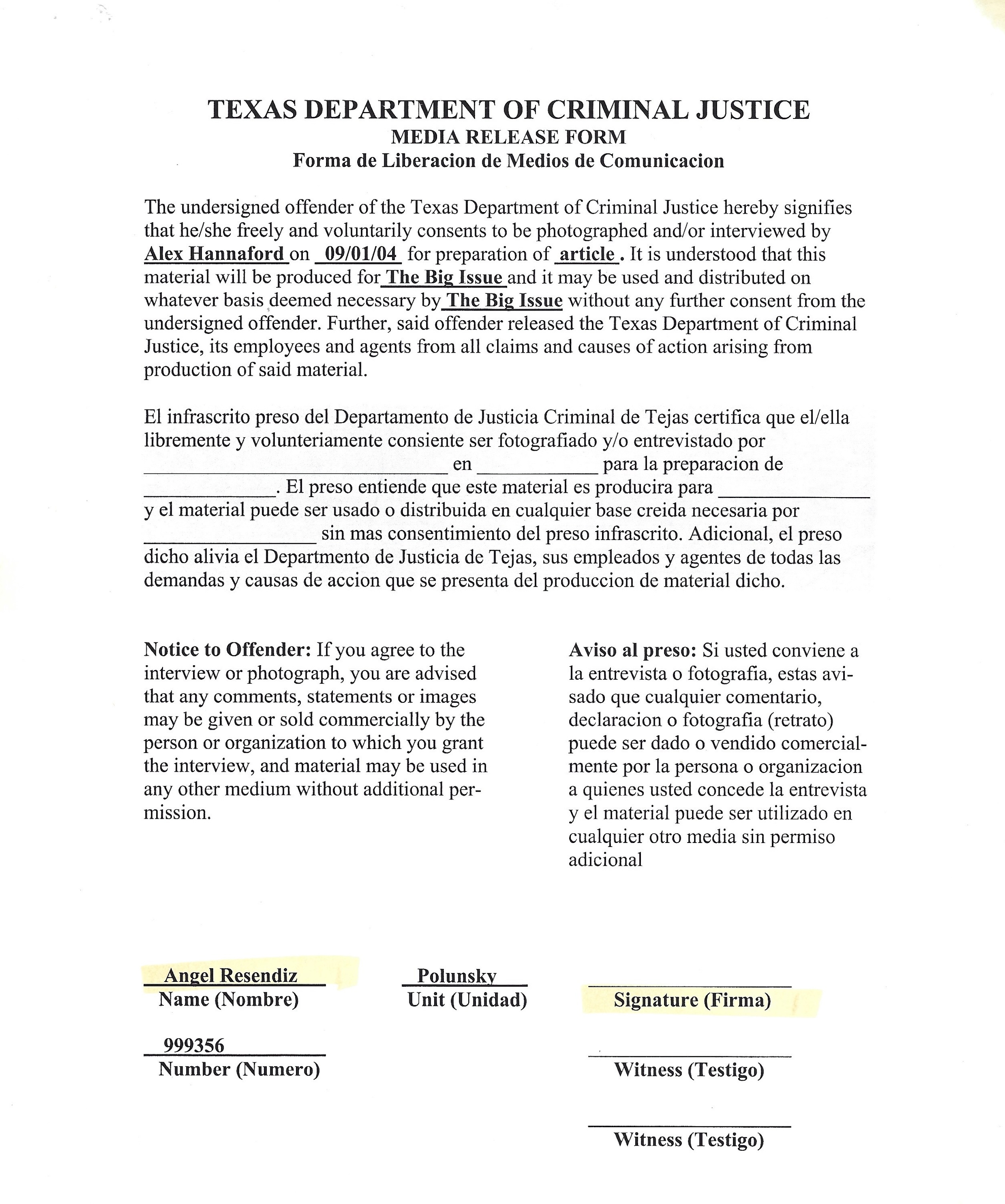 Angel Resendiz Media Release Form