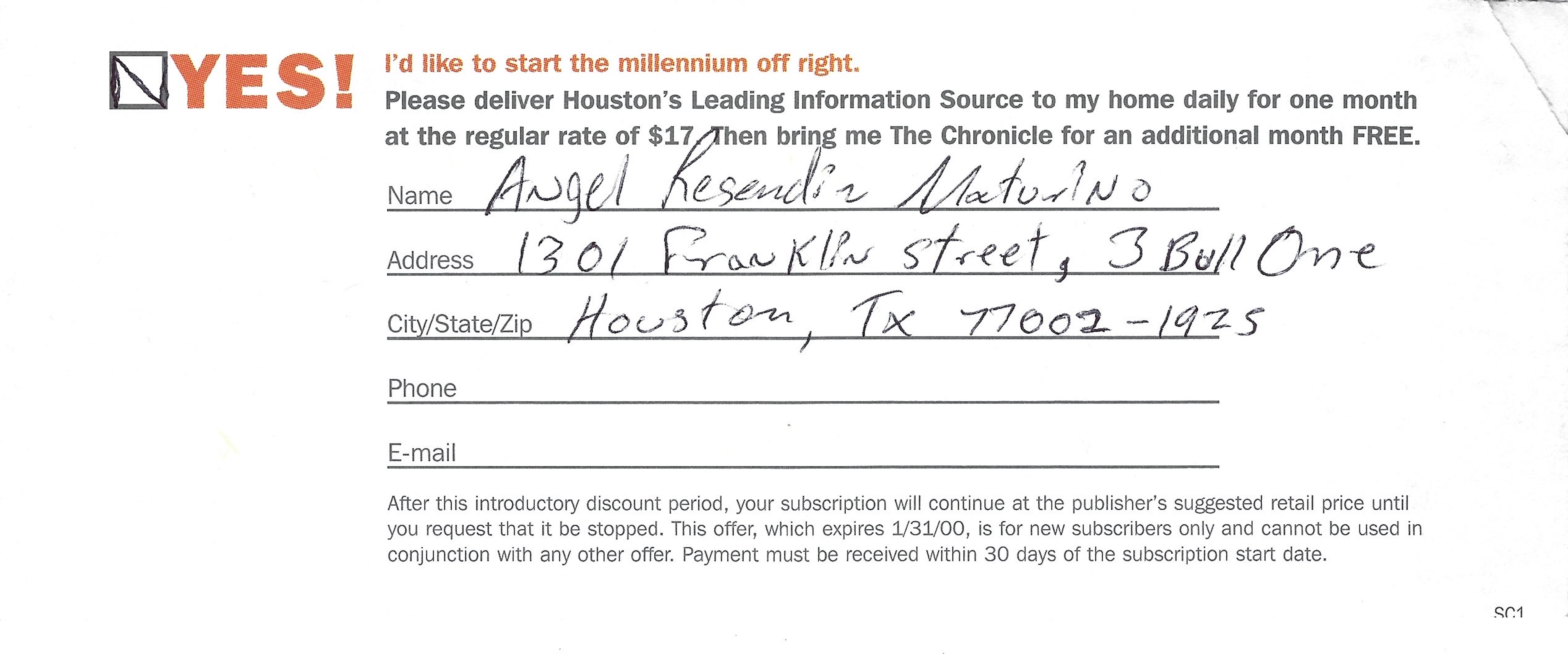 Angel Resendiz Signed Subscription Reply