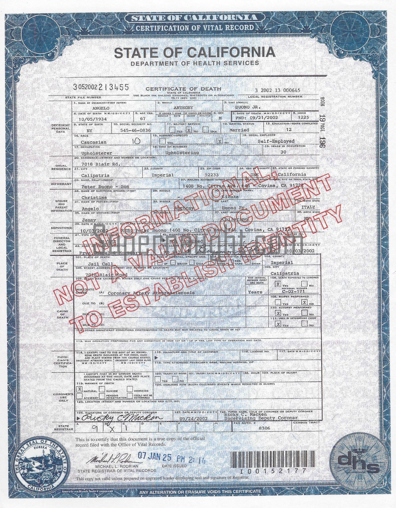 Angelo Buono 2002 Death Certificate Replica