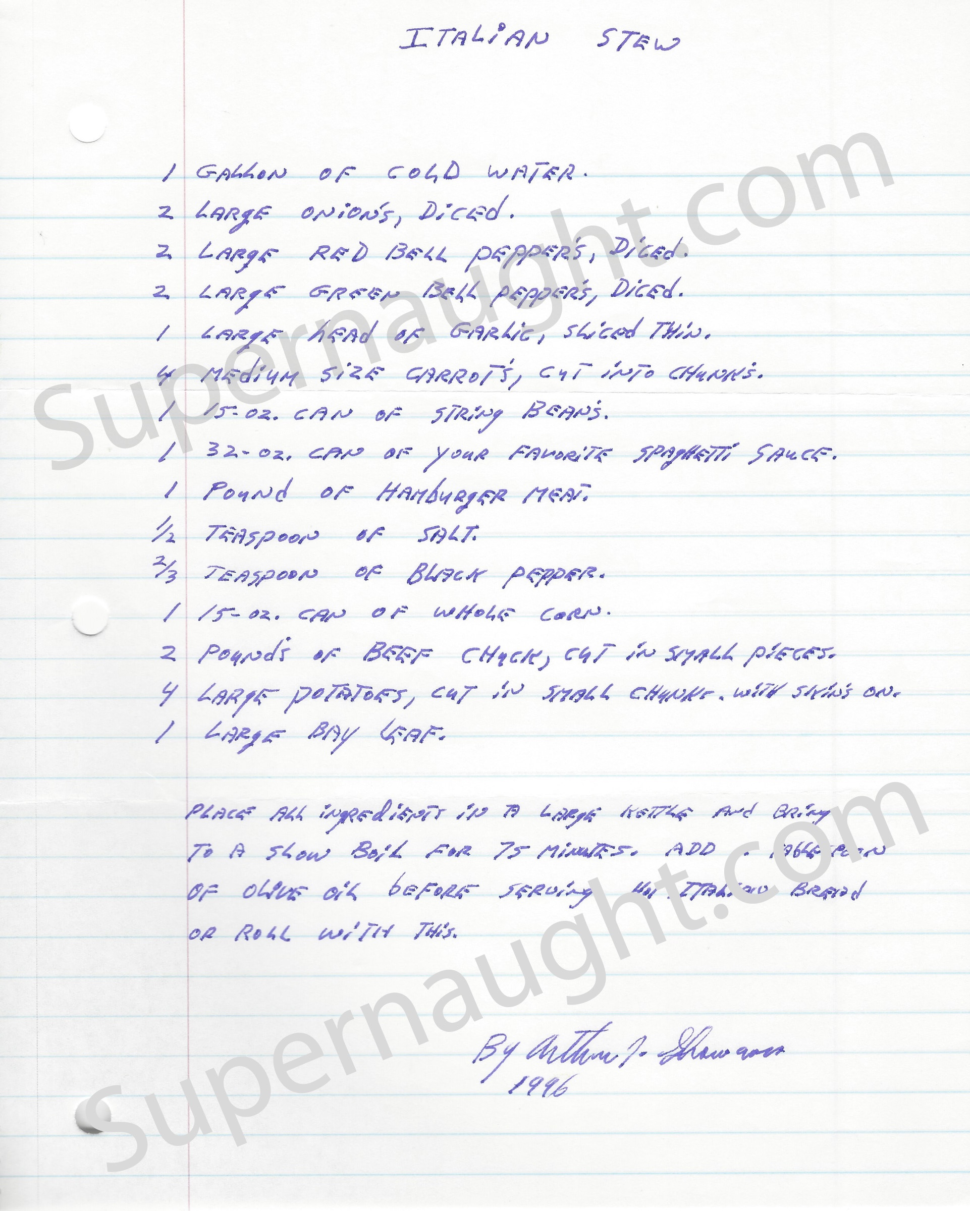 Arthur Shawcross Italian Stew Recipe Signed