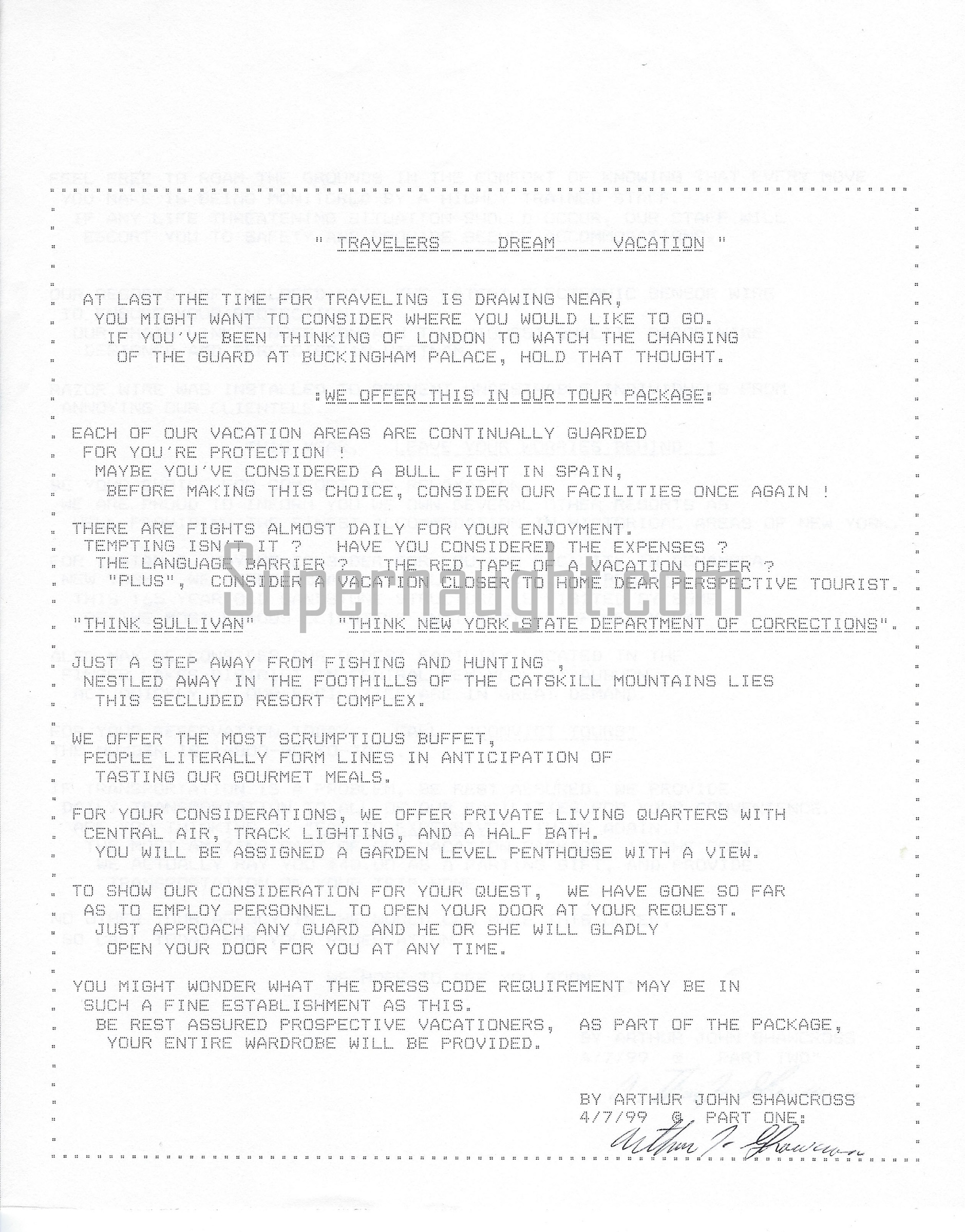 Arthur Shawcross Travelers Dream Vacation Signed Poem