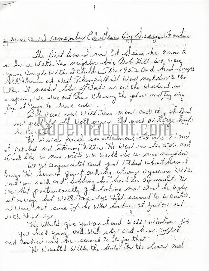As I Remember Ed Gein Georgia Foster Letter Copy
