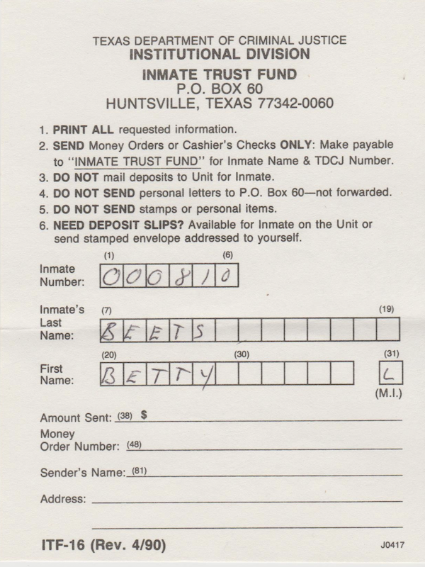 Betty Lou Beets Signed Trust Fund Slip