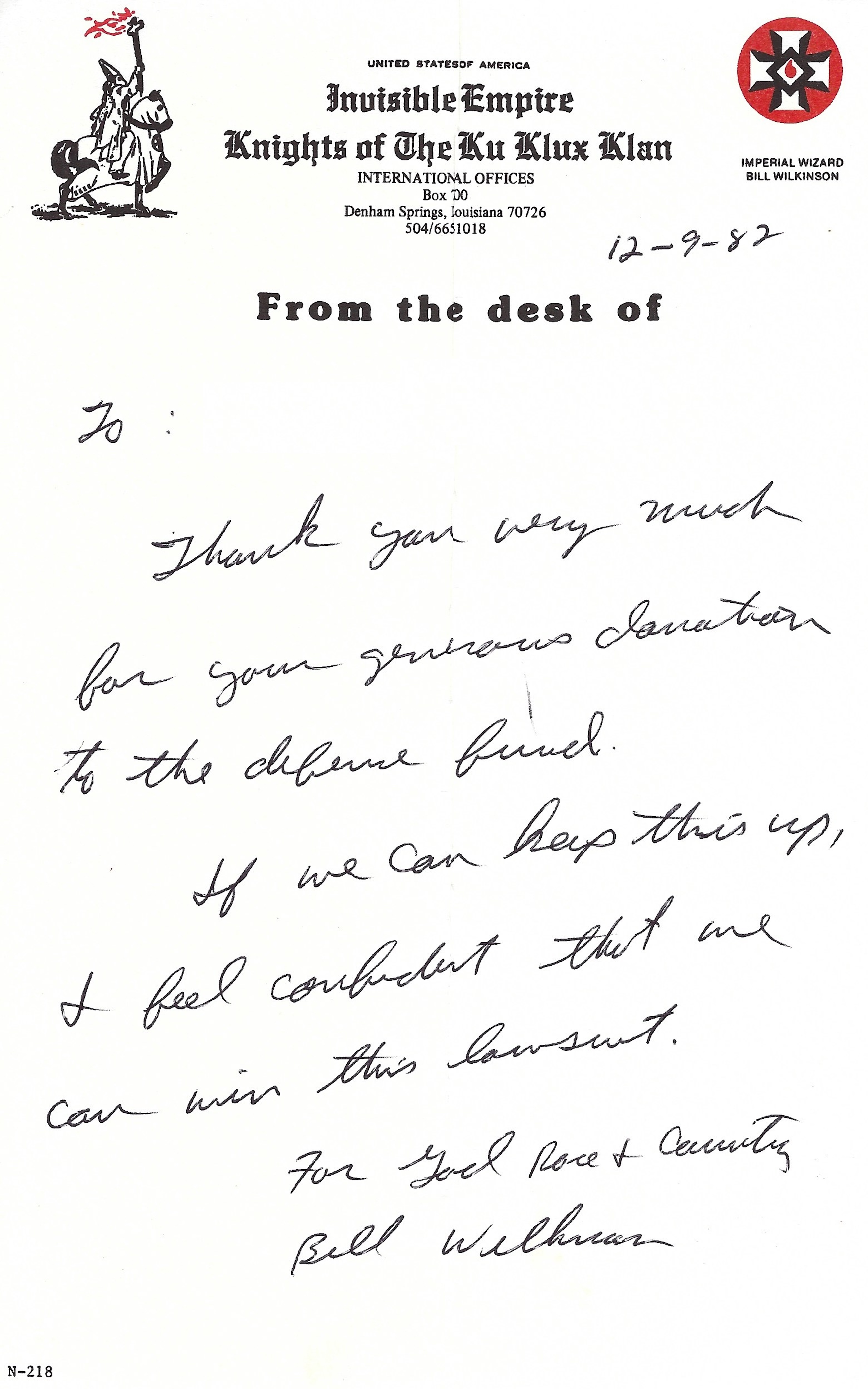 Bill Wilkinson Signed Letter on Invisible Empire Knights Stationary