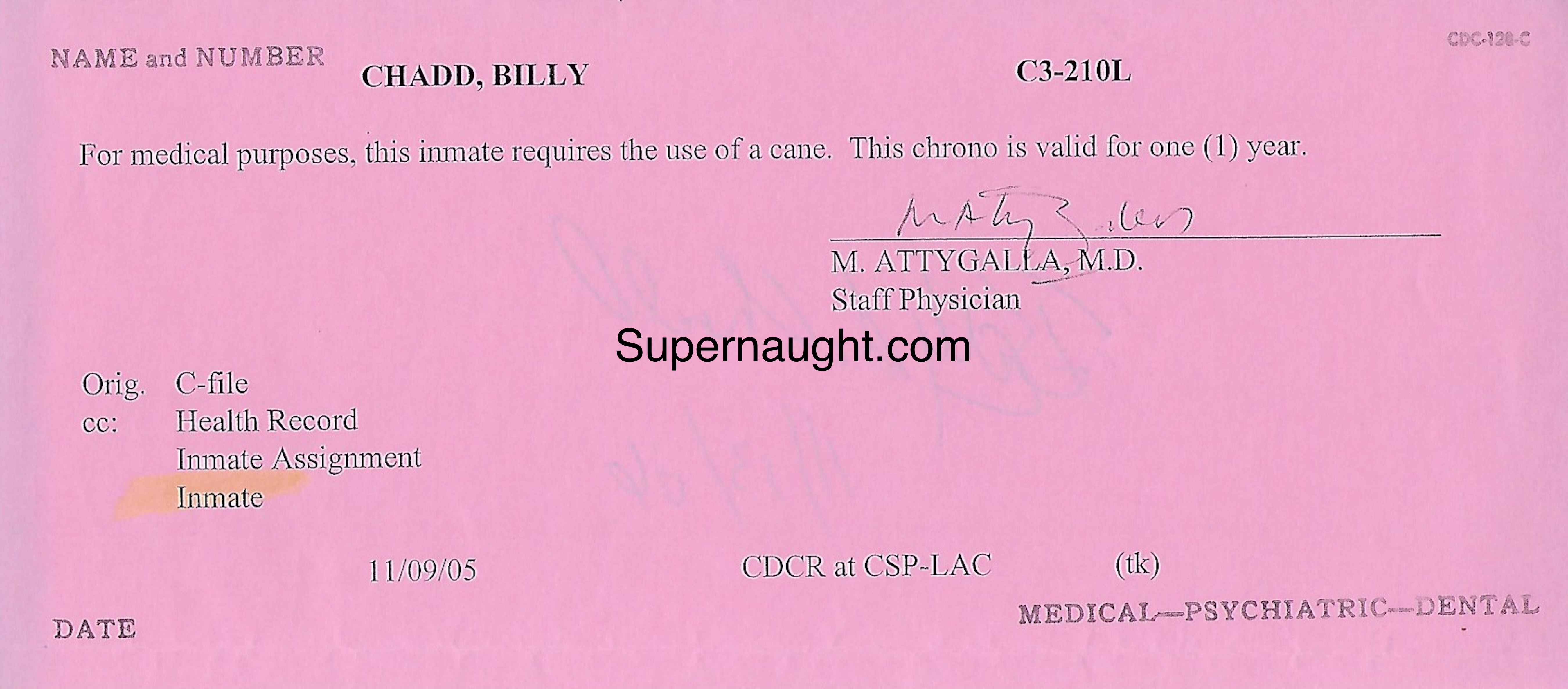 Billy Chadd Inmate Medical Walking Cane Approval Signed
