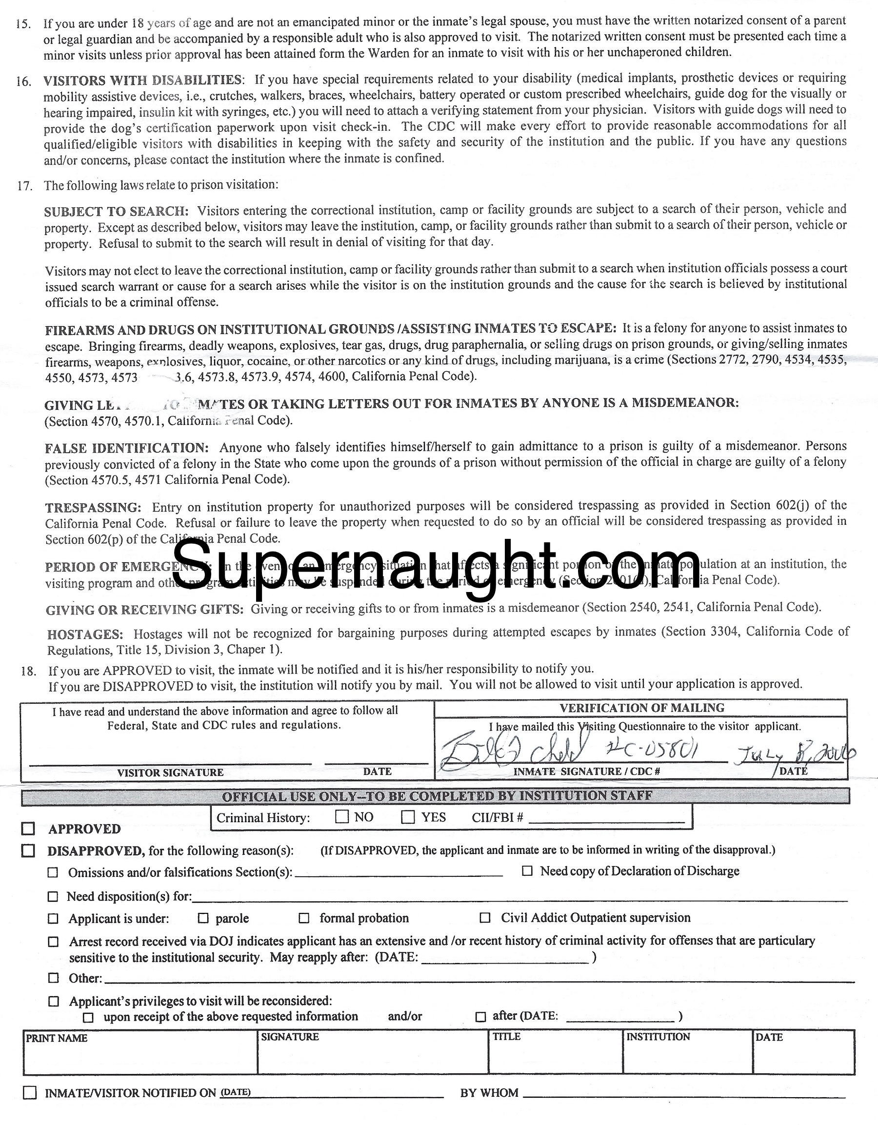 Billy Chadd Signed Visiting Application