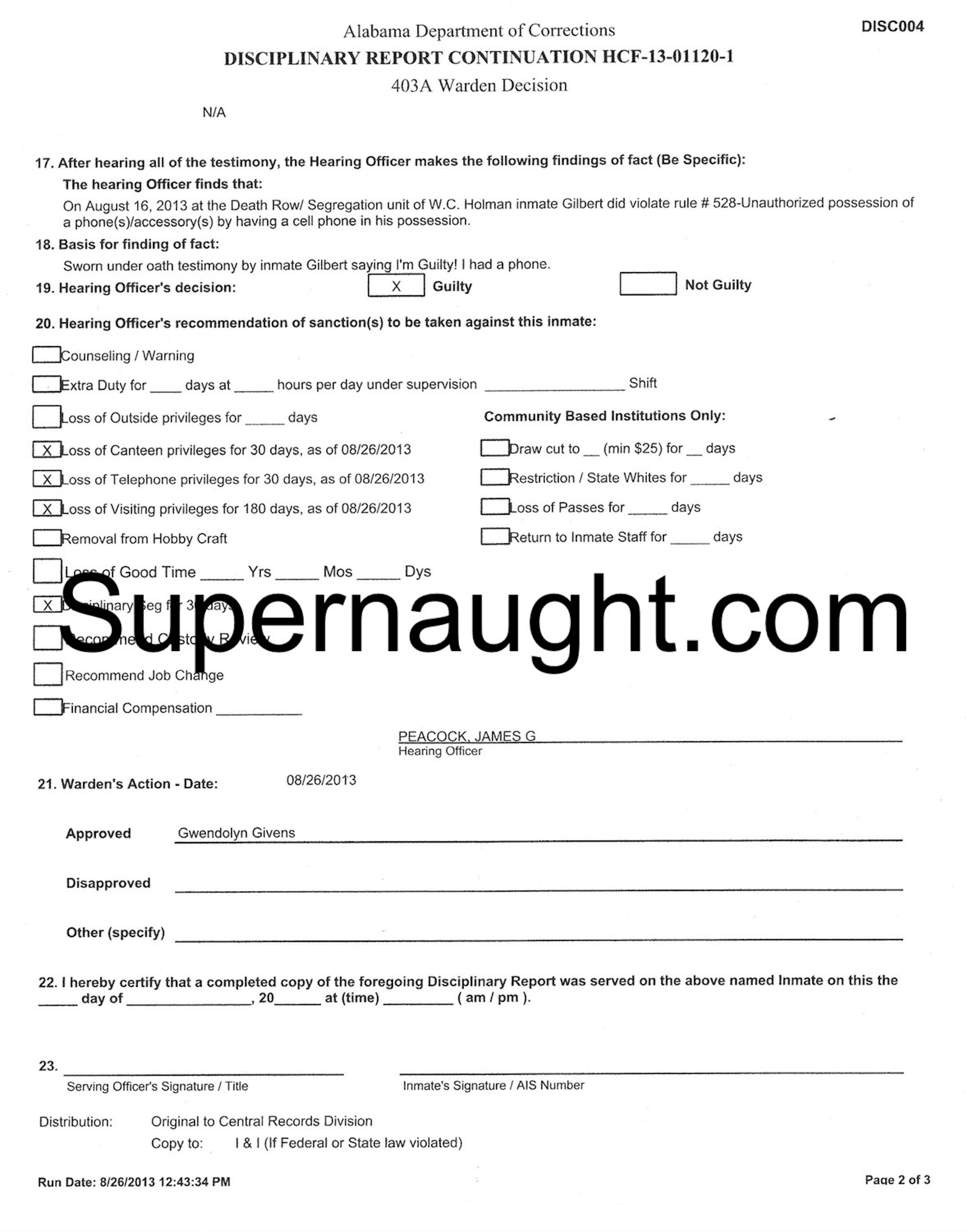 Bobby Ray Gilbert Disciplinary Report Inmate Copy