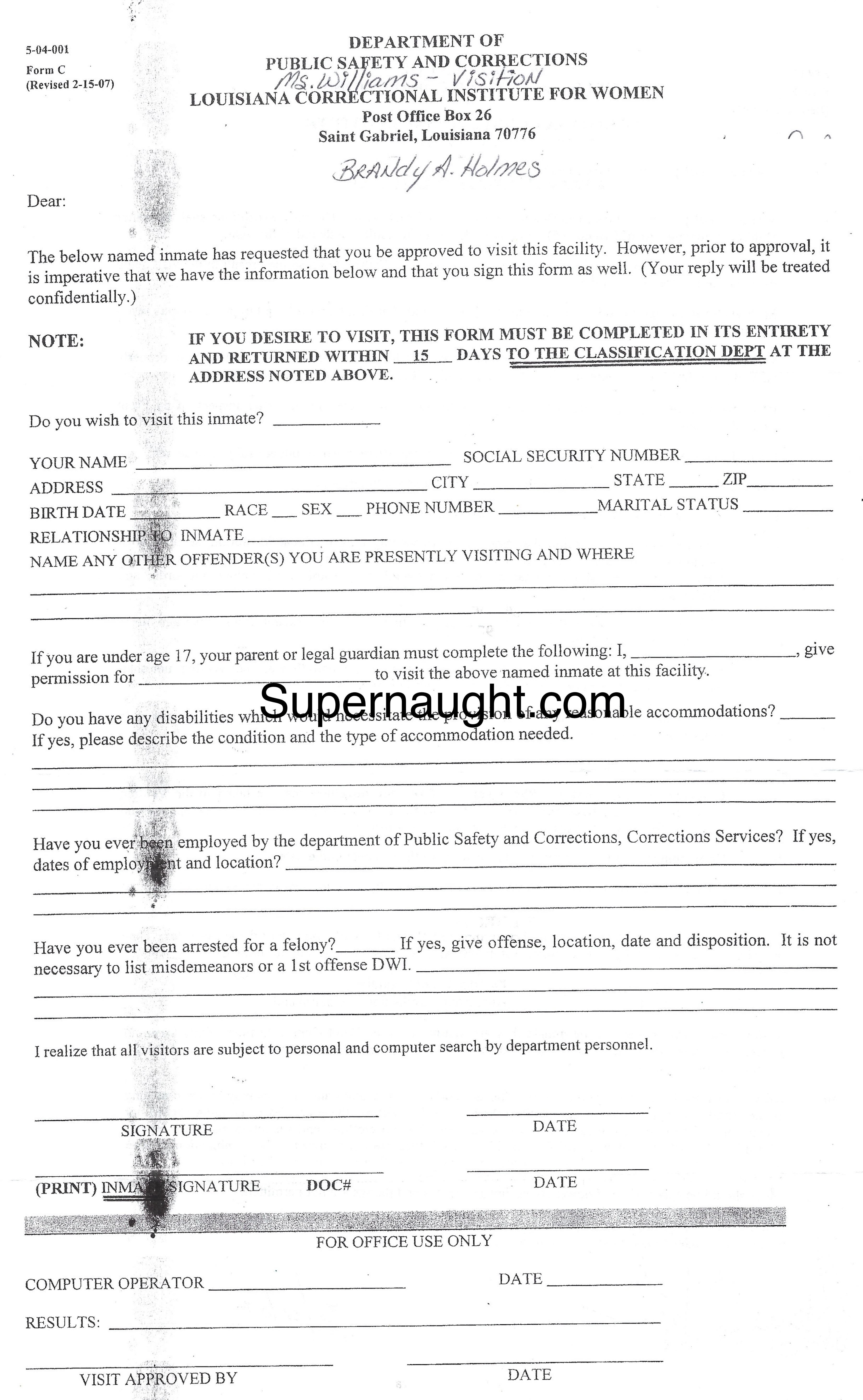 Brandy Holmes Signed Visiting Application