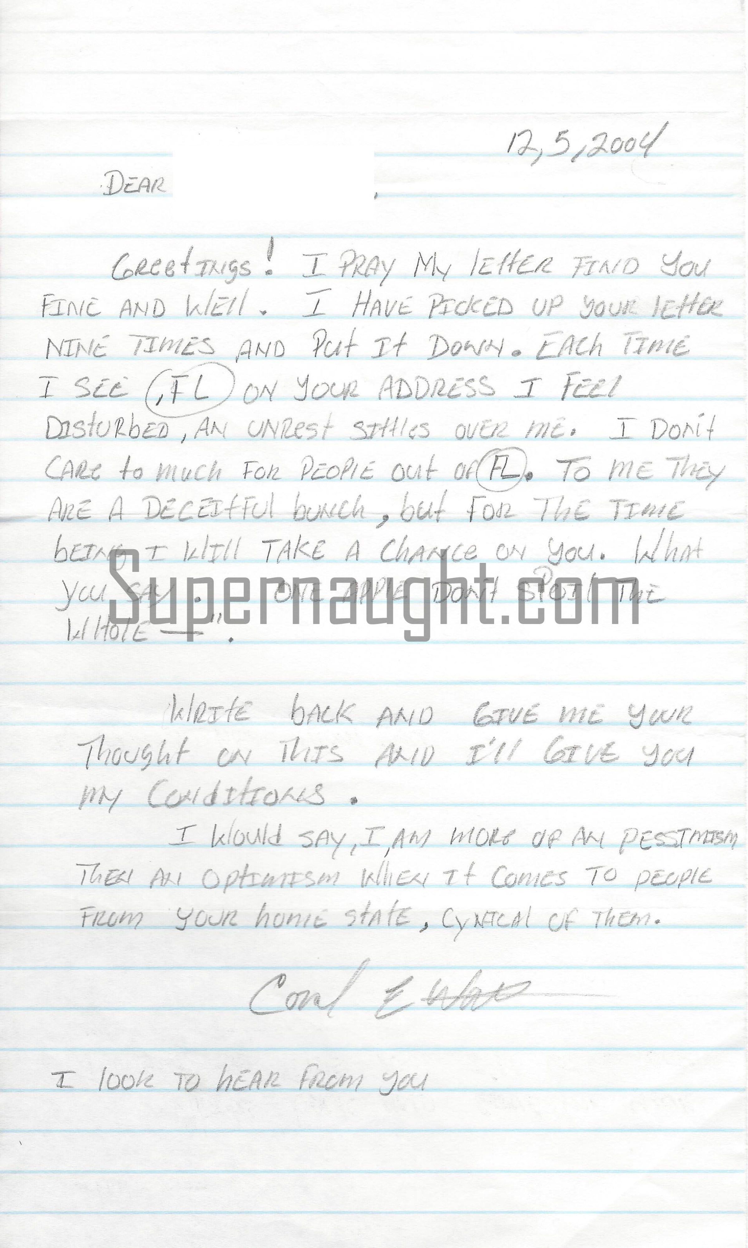 Carl Watts Signed Letter from Prison
