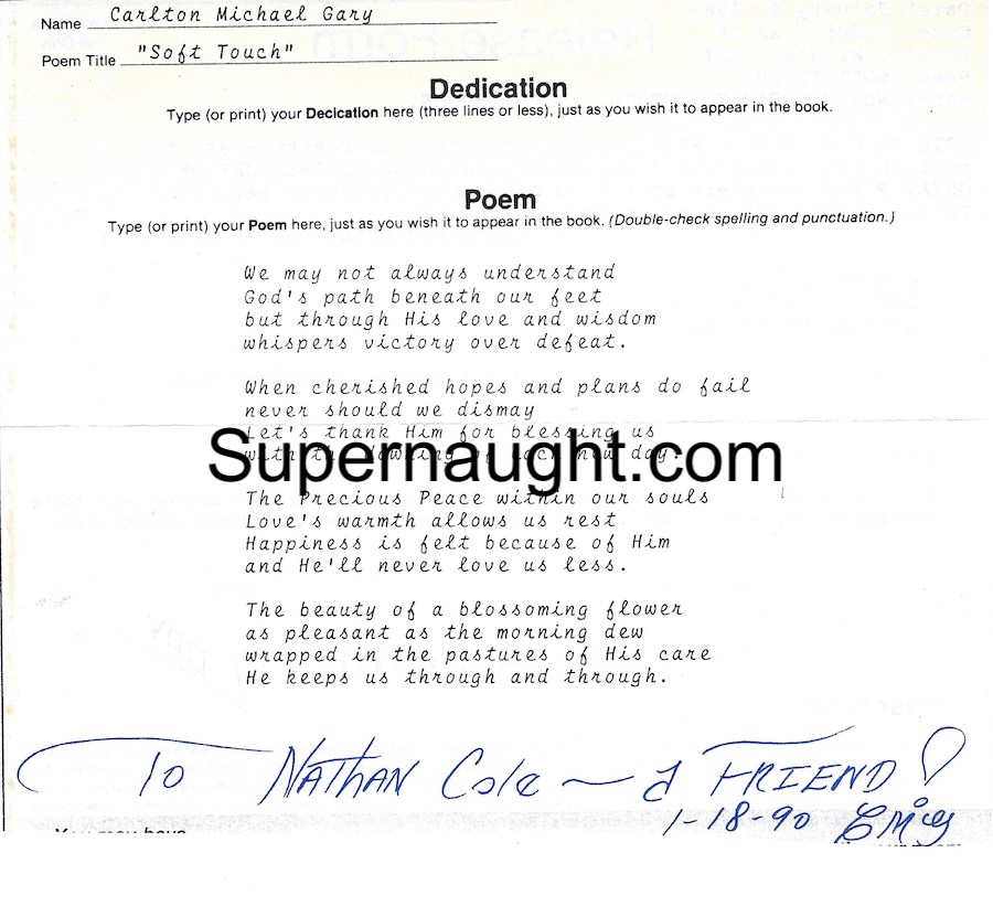Carlton Michael Gary Soft Touch Signed Poem image 2